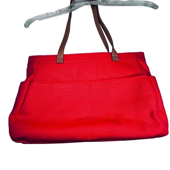 Fossil Coated Canvas Small Tote Bag Hand Bag Purse Pockets Orange Leather Straps - Picture 4 of 13